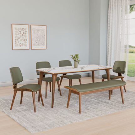 Juego de comedor Princeton de 1+4+bancos (blanco y madera de fresno)